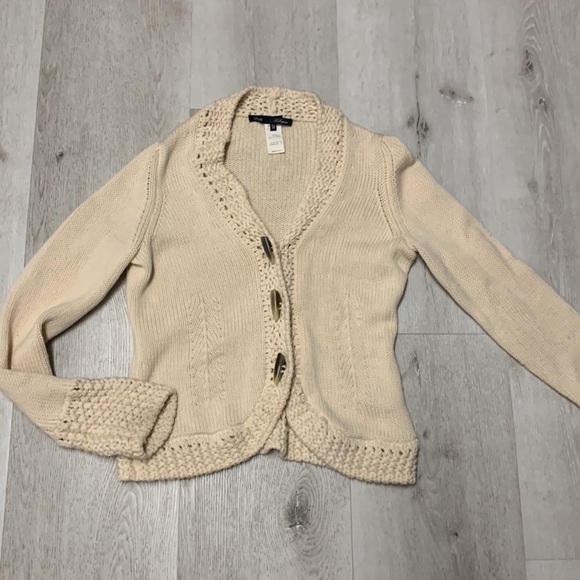 Les Copains Blue Wool Knit Crochet Cardigan size M 42 made in Italy beige - Picture 12 of 16